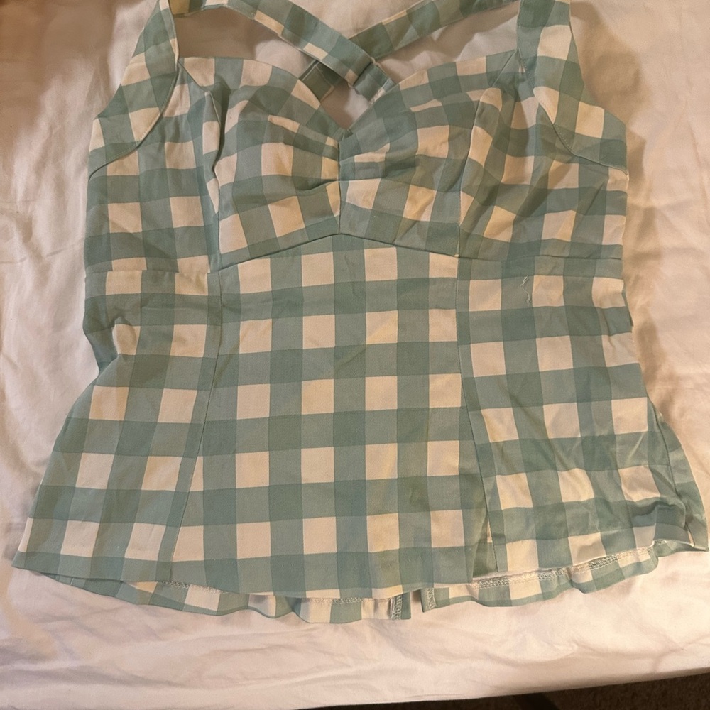 Pinup Girl Clothing Teal and White Checkered Top xl